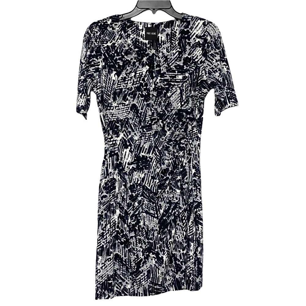 NEW NIC+ZOE Short Sleeves V-Neck Twist Knot Front Abstract Print Mini Dress PS